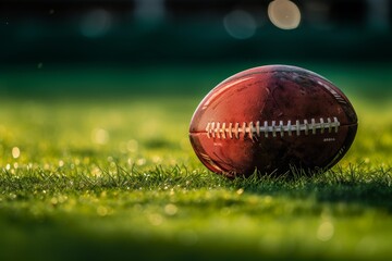 A detailed view of a football captured up close on a sports field, Close-up of a rugby ball on a green field with dramatic lighting, AI Generated - obrazy, fototapety, plakaty