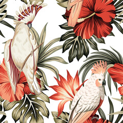 Tropical vintage palm leaves, red hibiscus flower, pink cockatoo parrot floral seamless pattern white background. Exotic jungle wallpaper.