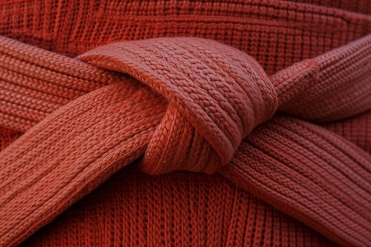 A detailed view of a red sweater with a neatly tied knot, showcasing its vibrant color and intricate texture, Close-up of a karate belt knot, AI Generated