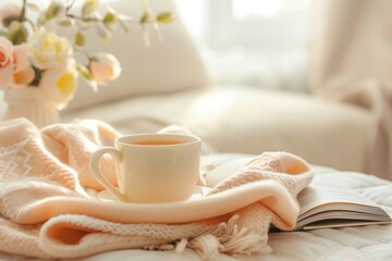 Fototapeta na wymiar Hot tea cup on a table with a book and a soft blanket, creating a calming atmosphere. Pastel shades of peach and white