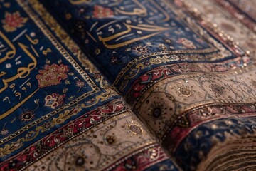This photo captures a detailed view of a blue and gold rug, showcasing its intricate patterns and vibrant colors, Close-up shot of an illuminated Islamic manuscript, AI Generated