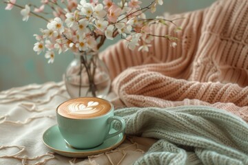 A cup of latte art coffee on a table with a soft blanket and a glass vase with flowers.