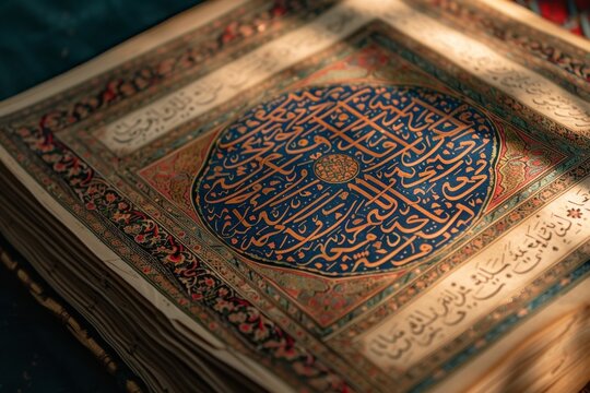 This close-up photo showcases a book with Arabic writing on its pages, Close-up shot of an illuminated Islamic manuscript, AI Generated