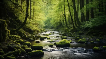Wandaufkleber Waldfluss The meandering river how it flows and nourishes the forest life