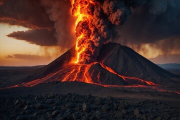 Great Column of Volcanic Ash on Mountain Summit - obrazy, fototapety, plakaty