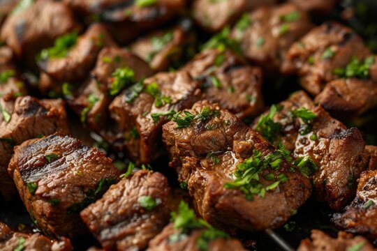 A detailed view of meat cooking on a grill, showcasing the browning and sizzling, Close-up view of tender chunks of Halal beef skewers, AI Generated
