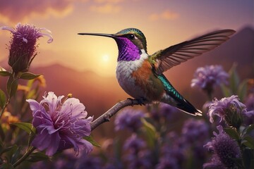 Fototapeta premium Hummingbird on Top of a Purple Flower: Bright and Colorful Image