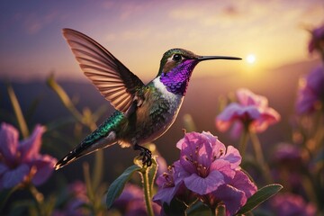 Fototapeta premium Hummingbird on Top of a Purple Flower: Bright and Colorful Image