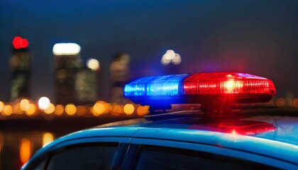 Blue and red light flasher atop of a police car. City lights on the background