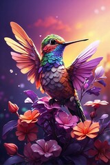 Fototapeta premium Hummingbird on Top of a Purple Flower: Bright and Colorful Image