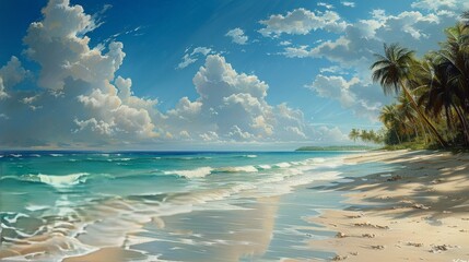 Fototapeta na wymiar A Painting of a Beach With Palm Trees