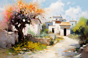 Old Spanish small town in spring. Oil painting in impressionism style.