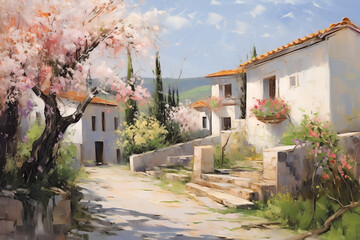 Old Spanish small town in spring. Oil painting in impressionism style.