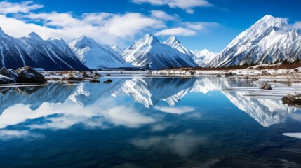 Peaceful lake and mountains in snowy environment - obrazy, fototapety, plakaty