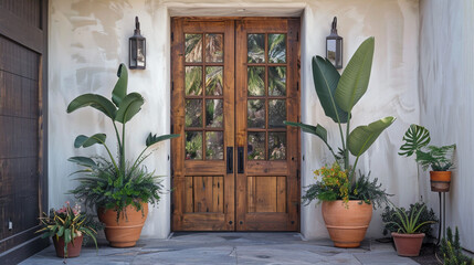 Modern farmhouse entryway, accentuated by vibrant potted plants. Wooden door with glass and forging adds a touch of luxury. --ar 16:9 --v 6.0 - Image #4 @Zubi