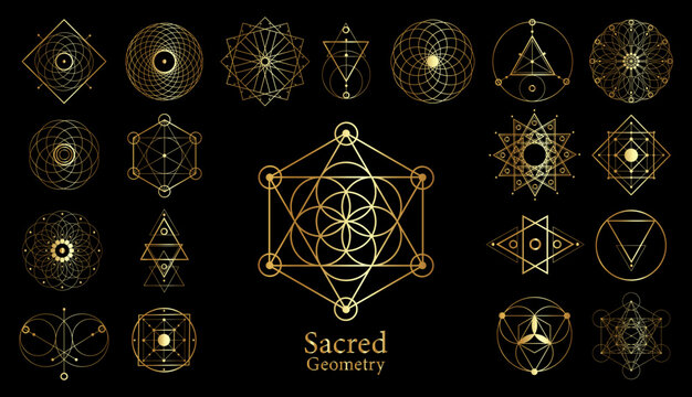 Gold Sacred geometry vector design elements. Alchemy, religion, philosophy, spirituality, luxury hipster symbols. Set collection, golden signs isolated on black background 