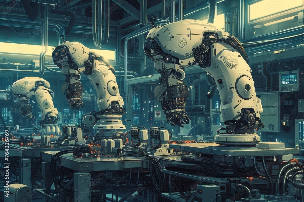 Poster a team of robots efficiently working together on a machine in a factory setting, cybernetic organism