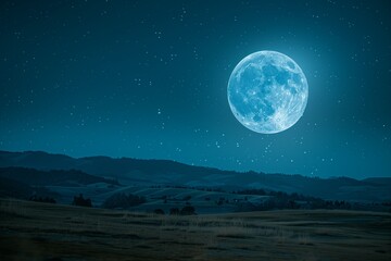 Naklejka na ściany i meble Glowing full moon over serene nighttime hills