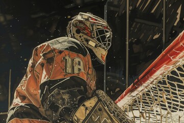A Painting of a Goalie in a Goalies Net, Detailed depiction of a goalie, fully dressed in protective gear, standing in front of the net, AI Generated