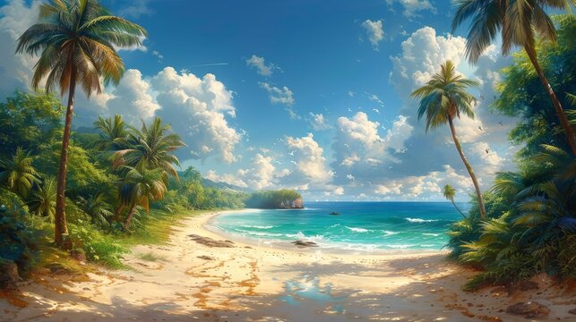 A Painting of a Beach With Palm Trees