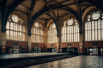 Naklejka premium Railway Station with Clocks and Buttresses