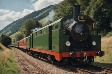 Fototapeta premium Train on Steel Rails in Beautiful Countryside