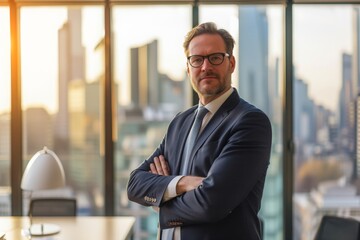 Fototapeta premium Man in Suit Standing in Office, Director in a contemporary office environment with city skyline in background, AI Generated