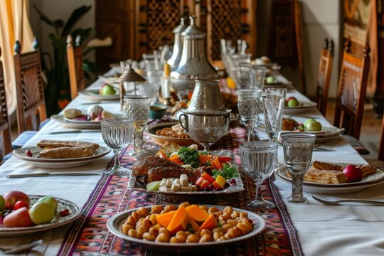 A long table filled with plates of varied delicious food items, showcasing a sumptuous feast, Dinner table set for breaking the fast during Ramadan, AI Generated