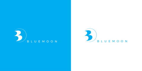 Blue Moon logo with B shape carved out of the moon. Elegant line moon with a sans serif modern font in a logo vector design. 