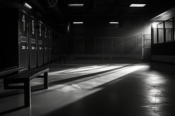 A photograph depicting a dimly lit room with a bench positioned in the center, Dramatically light and shadow a locker room scenario post an intense hockey game, AI Generated