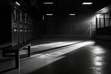 Fotobehang A photograph depicting a dimly lit room with a bench positioned in the center, Dramatically light and shadow a locker room scenario post an intense hockey game, AI Generated © Iftikhar alam