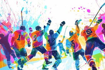 This painting depicts a lively scene of a group of individuals engaged in a game of soccer, Draw a colorful scene showing the ecstatic celebration of a winning hockey team, AI Generated