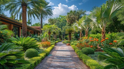 Tropical Garden Pathway With Palm Trees