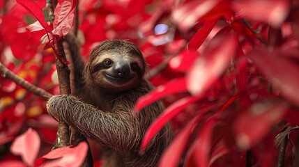 Fototapeta premium Rare Pygmy Three-Toed Sloth Hanging in Red Mangroves