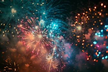 Fototapeta premium Colorful fireworks explode and light up the night sky with vibrant bursts and patterns, Eid festivities with colorful fireworks, AI Generated