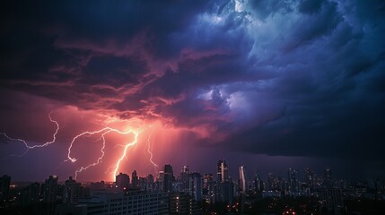 Ominous city skyline during severe thunderstorm - obrazy, fototapety, plakaty