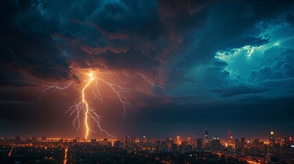 Ominous city skyline during severe thunderstorm - obrazy, fototapety, plakaty