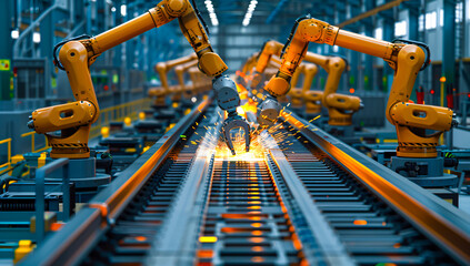 Automated robot arms in a car factory, industrial technology in automobile production