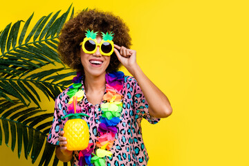 Photo of cheerful good mood woman wear print shirt dark glasses drinking cocktail empty space...