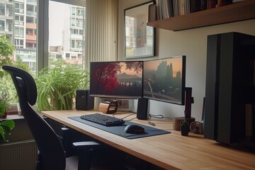 A modern desk holding a computer monitor and keyboard, creating a functional workspace, Ergonomic home workspace with health conscious design, AI Generated