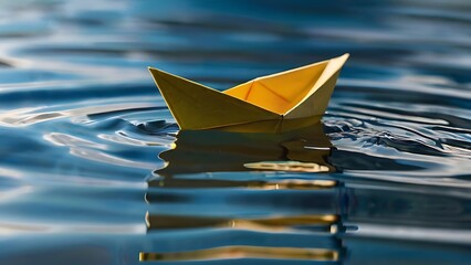 Fototapeta premium Paper made boat on water kids play origami paper toy 