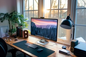 A typical desktop computer sitting on top of a sturdy wooden desk, ready for use, Ergonomic home workspace with health conscious design, AI Generated