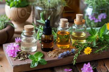 A wooden table holds an arrangement of essential oil bottles, showcasing a variety of scents and remedies, Essential oils being used in aromatherapy, AI Generated