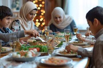 A diverse group of individuals sitting together at a table, engaged in conversation, as they enjoy a meal, Family gathering around the table for Islamic fast-breaking meal, AI Generated