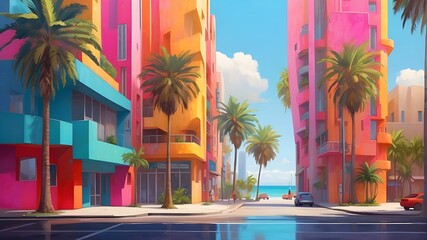 Vibrant Structures and Palm Trees - obrazy, fototapety, plakaty