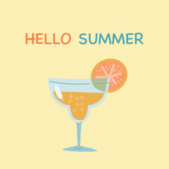 Hello Summer banner, poster or cover with cocktail with citrus. Vector illustration on yellow background