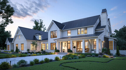 Soft twilight hues embrace the modern farmhouse luxury home exterior, enhancing its inviting appeal. --ar 16:9 --v 6.0 - Image #2 @Zubi - obrazy, fototapety, plakaty