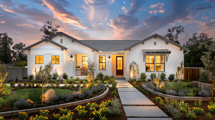 Soft twilight hues embrace the modern farmhouse luxury home exterior, enhancing its inviting appeal. --ar 16:9 --v 6.0 - Image #3 @Zubi