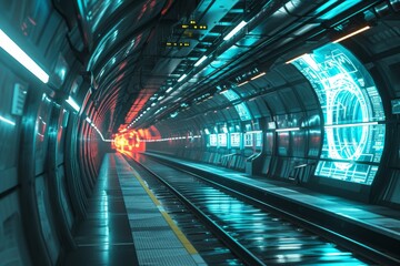 A train travels through a tunnel illuminated by vibrant lights, creating a captivating visual experience, Futuristic subway station with magnetic trains and holographic ads, AI Generated - obrazy, fototapety, plakaty