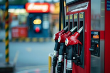 A line of gas pumps, painted in red and black, standing in perfect alignment, ready for fueling vehicles, Gas pump with escalating prices indicating inflation, AI Generated - obrazy, fototapety, plakaty